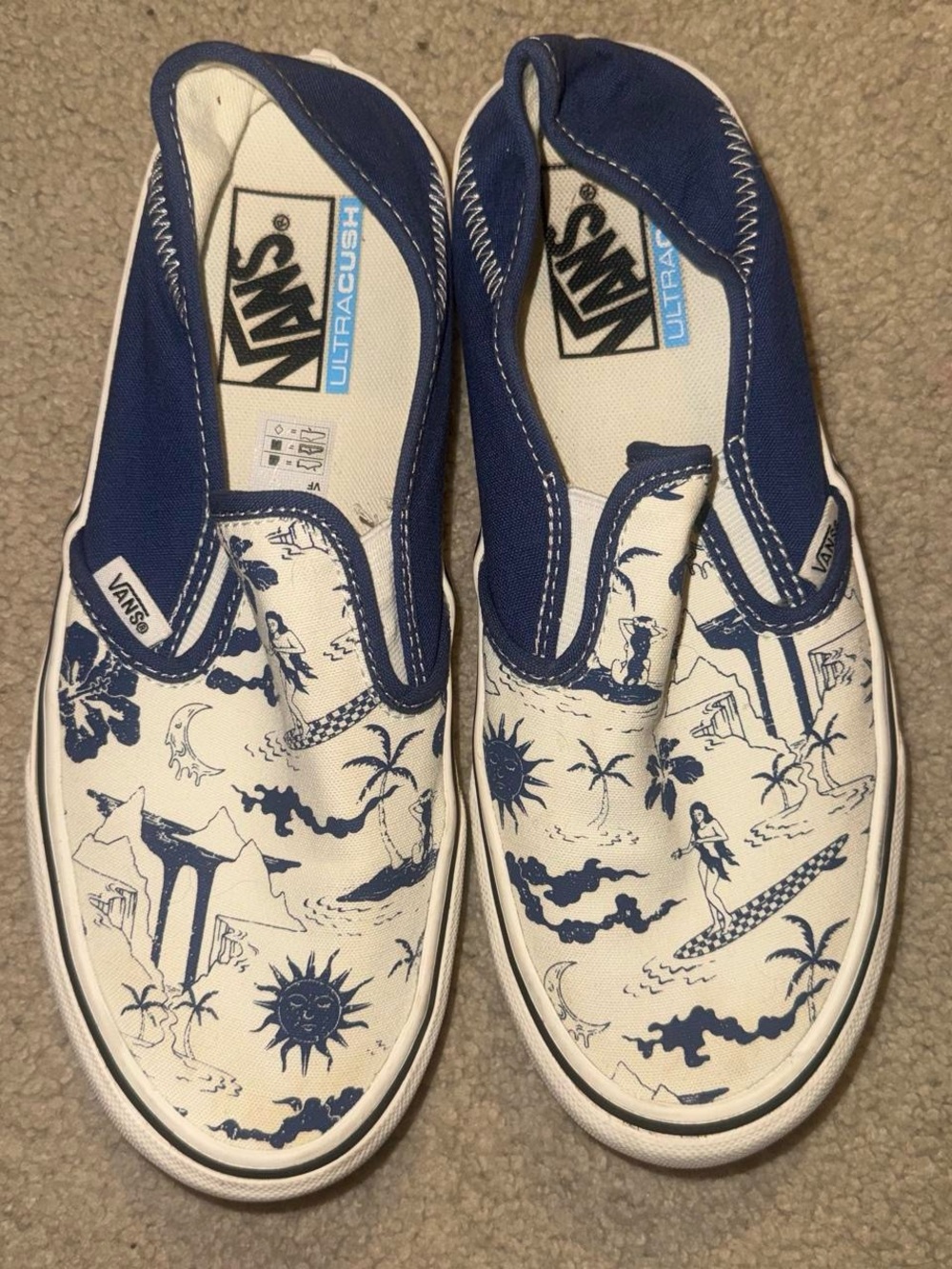 Vans Blue & White Surf Print Slip-On Loafers